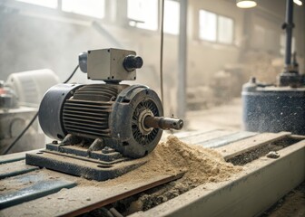 Fototapeta premium Minimalist Photography of a Working Electric Motor in a Dusty Factory Setting, Capturing Industrial Aesthetics and Machinery Details for Stock Photo Use