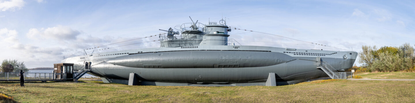 Laboe, Germany - November 14, 2024: panorama of the technical museum submarine U995