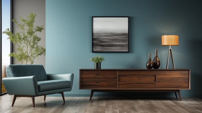 Interior of modern living room with black sideboard over white wall with wooden paneling. Contemporary room with dresser. Home design with poster