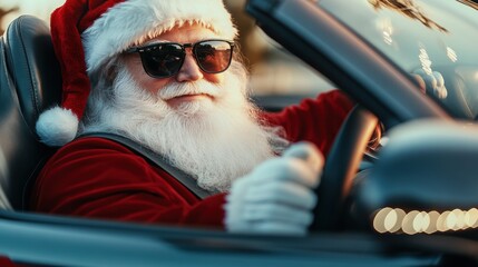 Santa Claus sitting confidently in a sleek car. Wearing cool sunglasses, with his right hand firmly on the steering wheel and his left arm casually hanging out of the open window.