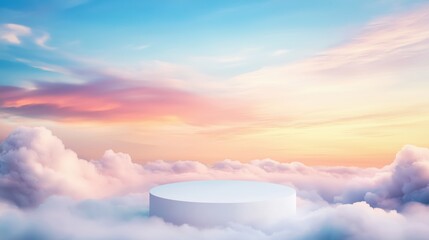A serene sky filled with pastel clouds and a circular platform, creating an ethereal and dreamlike atmosphere.