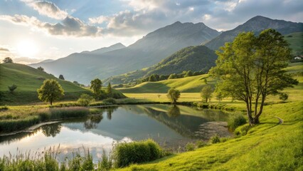 Serene Landscape with Tranquil Pond, Lush Green Hills, and Sunlit Mountains - Nature's Peaceful Retreat for Landscape Photography