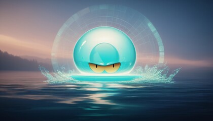 A blue blob with a face on it is floating in the water.