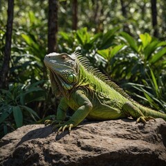 Fototapeta premium A vibrant green iguana basking on a sunlit rock amidst the forest.