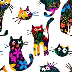 
Abstract Hand Drawing Digital Paint Watercolor Ditsy Small Flowers Textured Cute Cats Seamless Textile Pattern Isolated Background
