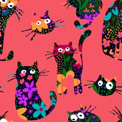 
Abstract Hand Drawing Digital Paint Watercolor Ditsy Small Flowers Textured Cute Cats Seamless Textile Pattern Isolated Background
