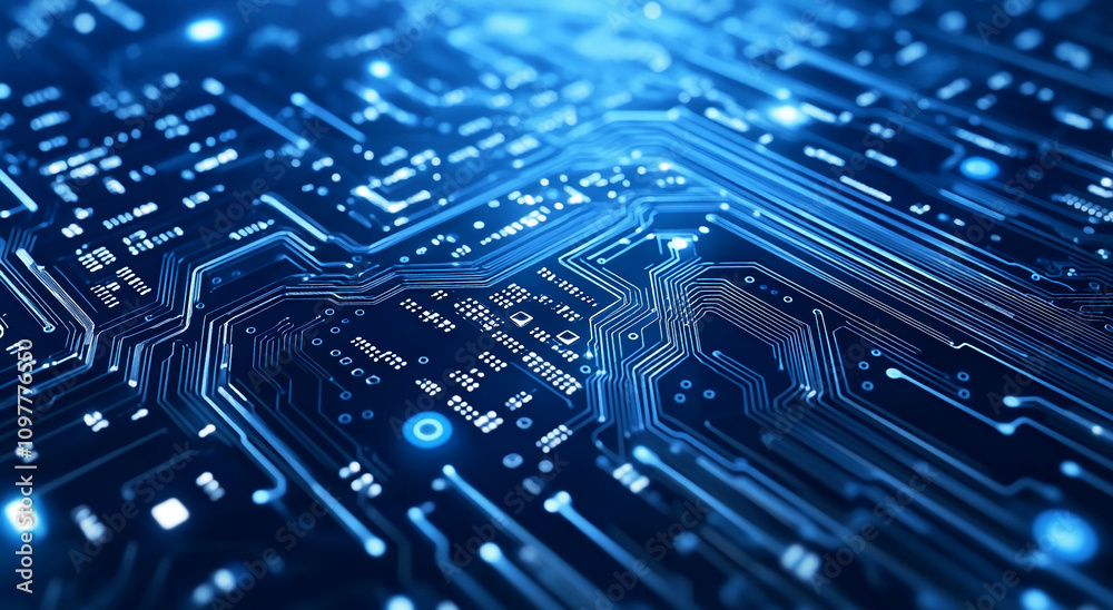 Poster detailed view of a complex electronic circuit board illuminated by blue light in a dark environment