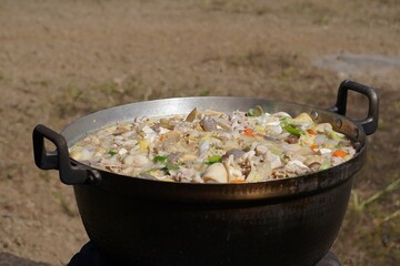 鍋で作った芋煮/Japanese miso soup with lots of vegetables