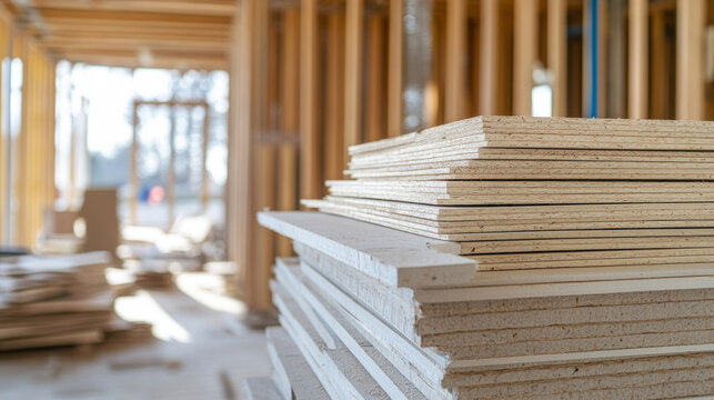 Construction materials stacked in home renovation site, showcasing wood panels and bright, airy environment. image captures essence of building and design