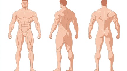 Male anatomical figure, front, back, and side views.
