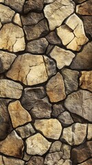 Fototapeta premium A close-up view of textured natural stone wall featuring various shaped and colored stones, creating an earthy aesthetic.