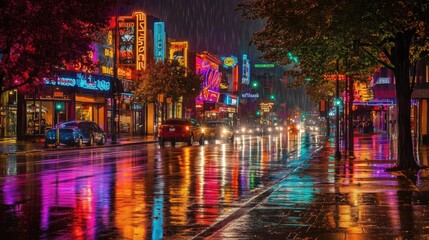 A rain-soaked street at night with car headlights reflecting off the wet pavement, creating a moody, cinematic atmosphere. Neon signs from nearby buildings cast colorful reflections on the road.