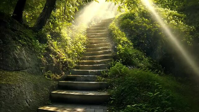 A serene path leads up a staircase surrounded by lush greenery, illuminated by soft rays of sunlight filtering through the trees, evoking a sense of tranquility and nature's beauty.