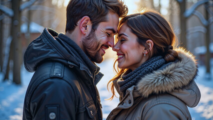Winter proposal in the snow: Loving couple sharing an intimate moment in a snowy urban street, gazing into each other's eyes with warmth and affection during a winter sunset in a cozy outdoor setting
