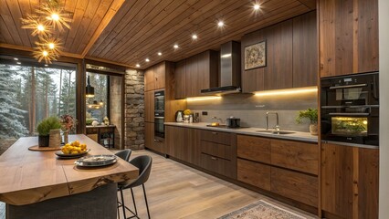 Obraz premium Surreal Contemporary Kitchen Design with Warm Wood Accents and Cozy Atmosphere in a Unique Photo-Sketch Blend