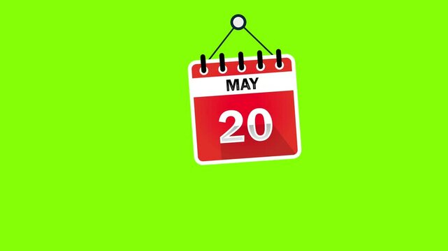 May 20 Calendar Sign on green screen background, chroma key. Calendar Pendulu Animation - May 20. 4k graphic motion