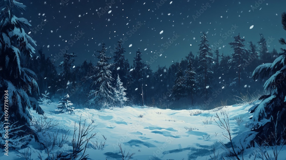 Poster a snowy forest with trees and snow falling
