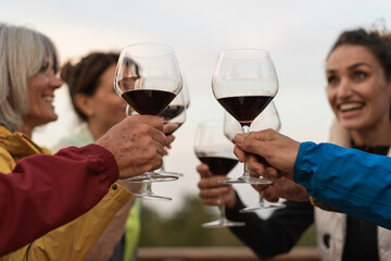 Close up of hands toasting with red wine glasses during outdoor celebration showing authentic friendship moment