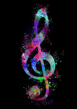 Watercolor splashes Treble clef silhouette sol key music note on black background sticker invitation poster party ideal