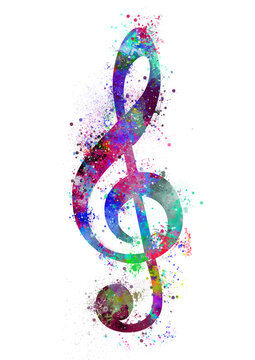 Watercolor silhouette colorful colors on white isolated jpg image large of Treble clef music note key sol splashes
