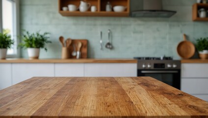 Wooden table top on blur kitchen  background, Modern Contemporary green kitchen room interior