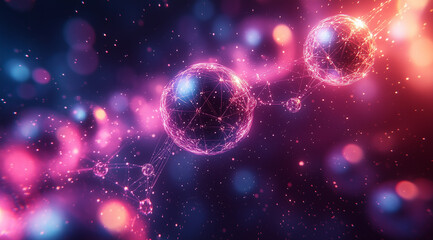Fototapeta premium Luminescent Geometric Network Illustrating Quantum Entanglement in Deep Space - Generative AI