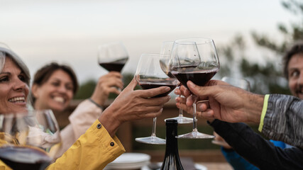 Friends toasting with red wine glasses during outdoor celebration gathering showing hands and smiles