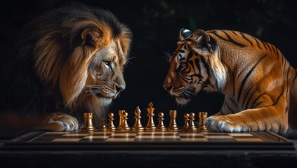 Chess match between lion vs tiger isolated on dark background