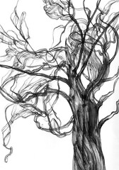 watercolor ink art, abstract trees, black and white illustration
