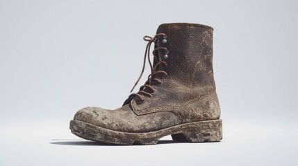 A single worn muddied leather boot stands alone