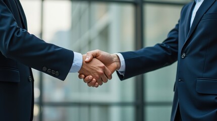Two professionals in suits shaking hand, representing the sealing of a deal or the start of a new professional relationship