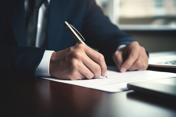 business man in a suit is signing a contract paper work