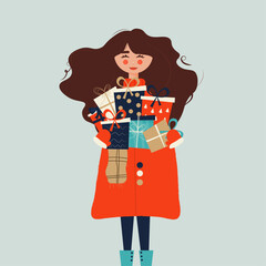 Woman Holding Stack of Wrapped Gift Boxes