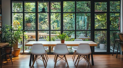 Fototapeta premium Modern cafe interior with large windows, wooden table, white chairs, and potted plants.