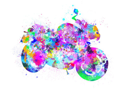 Watercolor splashes motorbike colorful bike silhouette isolated on white, poster art print antique club forum ideal,