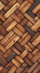 A detailed, warm-toned wooden floor pattern showcasing an intricate woven design.