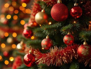 Obraz premium Glowing Christmas tree with ornaments. Cozy holiday atmosphere