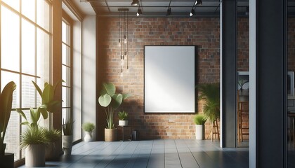 Modern Industrial Loft Interior With Green Plants and Art Canvas. Generator AI