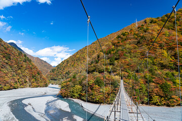 紅葉に染まる山々の中にたたずむ吊り橋