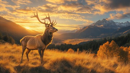 Majestic Deer at Sunset in the Mountains