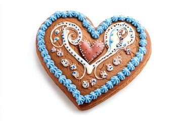 Obraz premium Gingerbread heart from oktoberfest featuring a blue edge set against a white backdrop
