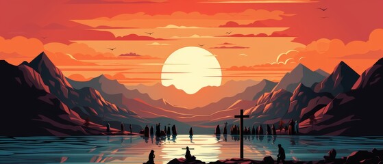 Vibrant Sunset Over Mountains with Reflection in Calm Water