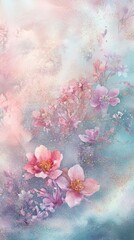 A dreamy composition of delicate pink and purple flowers, surrounded by soft pastel hues and ethereal textures.