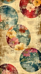 Colorful floral patterns in circular shapes on a textured background, creating a vintage aesthetic vibe.
