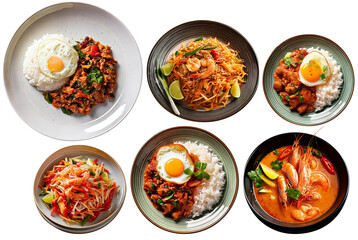 thai main dish rice Tom Yum Goong shrimp prawn soup , padthai,  kaprao basil, somtam papaya salad, Curry paste, crispy belly pork transparency