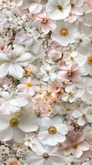 A beautiful array of delicate white and soft pink flowers in full bloom, creating a serene and romantic floral backdrop.