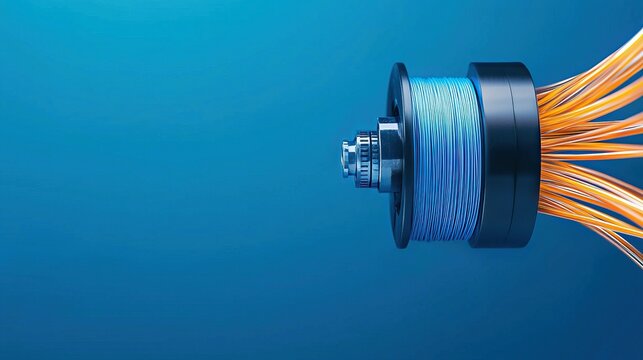 Fiber optic and reliability concept, A colorful, abstract representation of a motor with vibrant wires, set against a gradient blue background, suggesting technology and innovation.