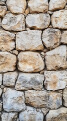 Obraz premium Close-up of a rustic stone wall showcasing a textured arrangement of weathered stones.