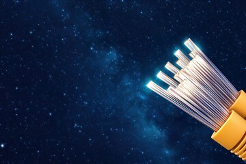 Fiber optic and reliability concept, A close-up of fiber optic cables against a starry night sky, showcasing technology and connectivity in a cosmic backdrop.