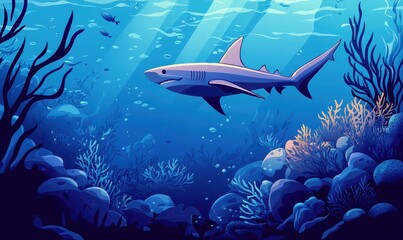Obraz premium A colorful underwater scene featuring a shark swimming among vibrant corals and marine life, illuminated by sunlight filtering through the water.